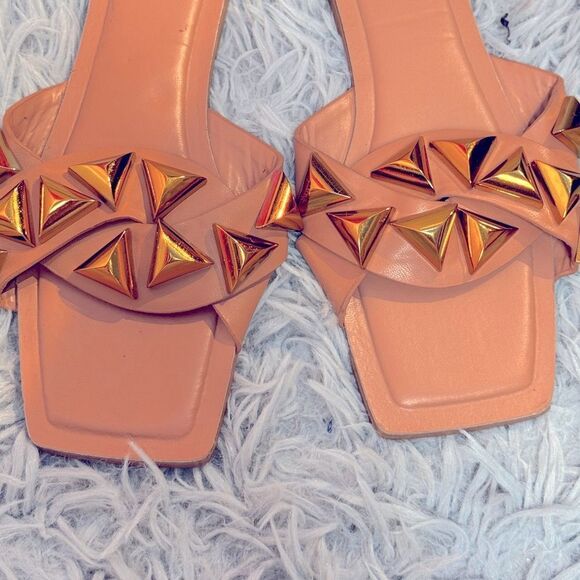 Zara Tan and Gold Sandals with Geometric Design Sz 36 - Picture 2 of 4